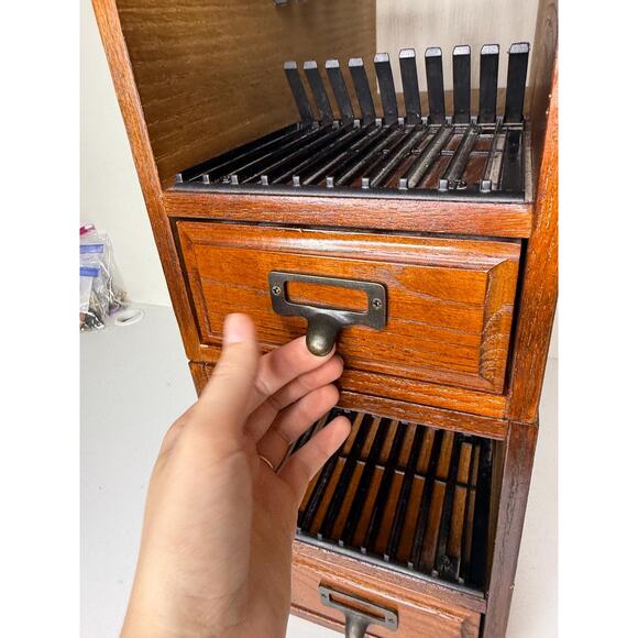 Vintage Library Card Catalog Pair Set Lot Of 2, Stackable Wood Brass Cabinet - Picture 9 of 10
